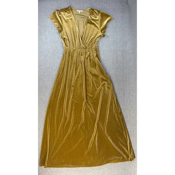 See and Be Seen Velvet Dress Maxi Short Sleeve Holiday Gold Size Small - Picture 1 of 7